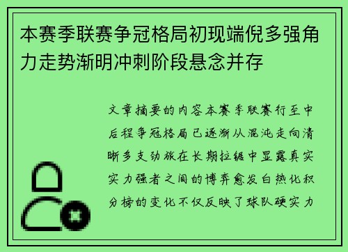 本赛季联赛争冠格局初现端倪多强角力走势渐明冲刺阶段悬念并存